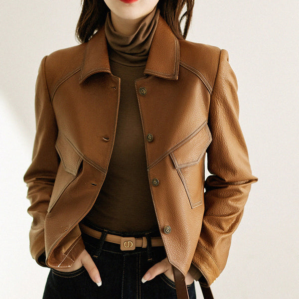 Coat Collar Buckle Leather Women's - WOMONA.COM