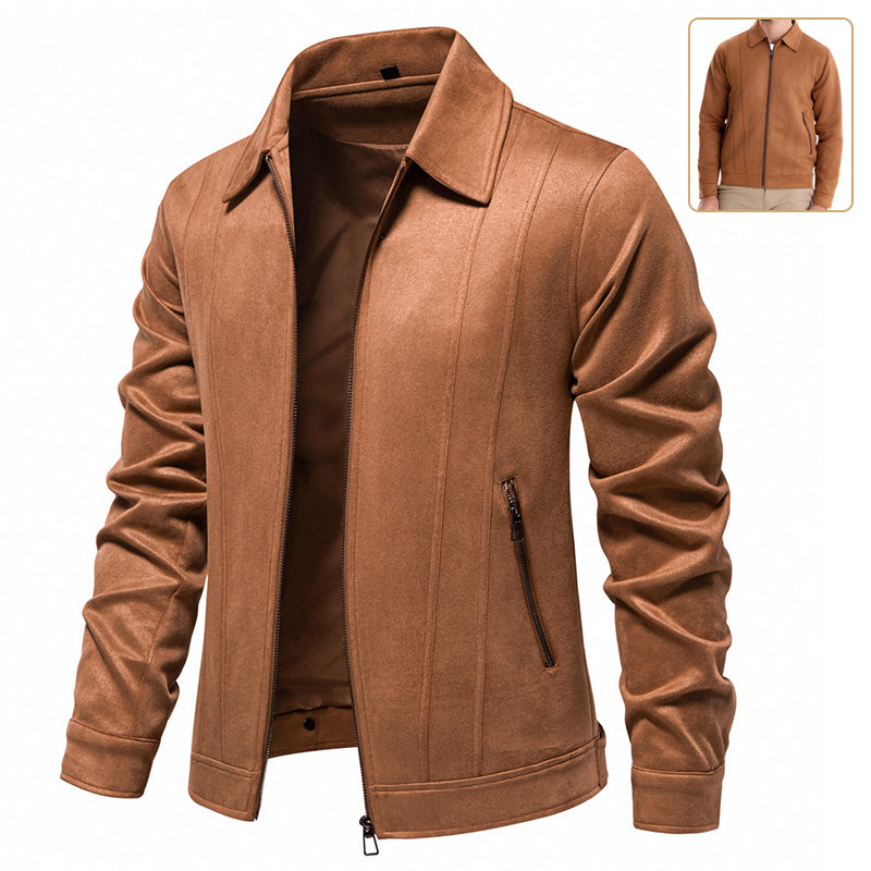 Men's earth yellow suede-look lapel zip jacket