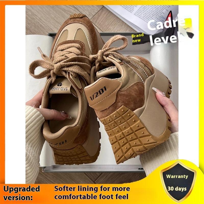 Khaki brown lace-up platform sneakers with suede panels and textured rubber tread