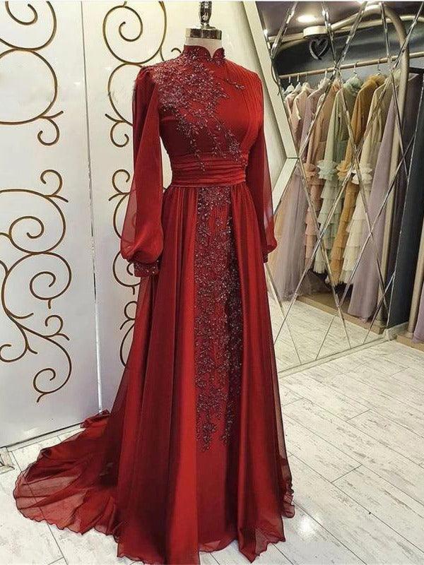 Red stand-collar long-sleeve evening dress with embellished bodice, full skirt and train