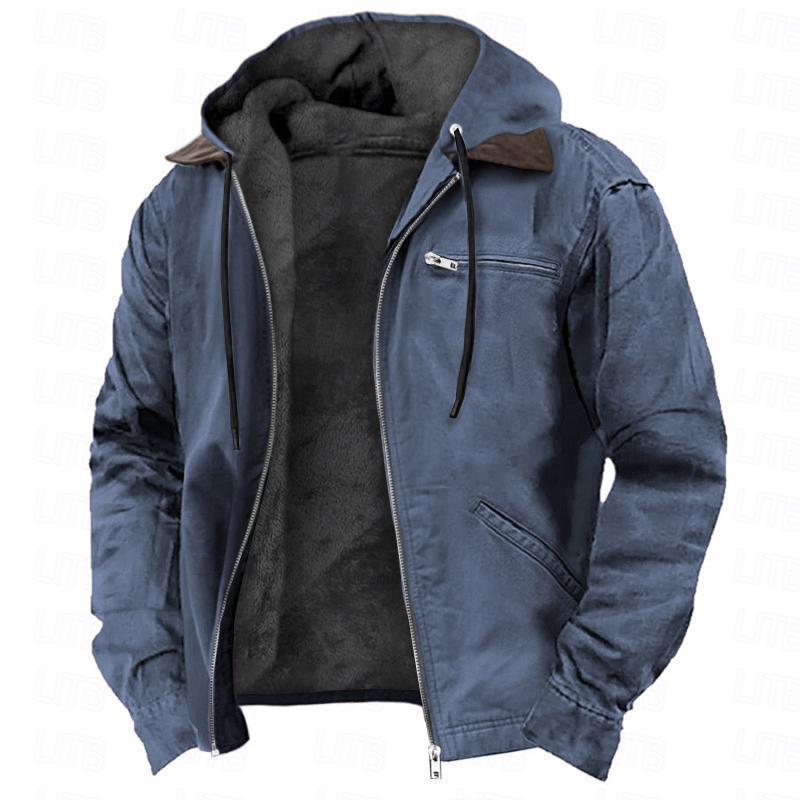 Men's long hooded zip-up pocket coat