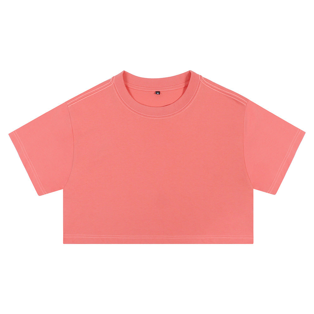 Coral pink loose crop T-shirt with short sleeves and crew round neckline