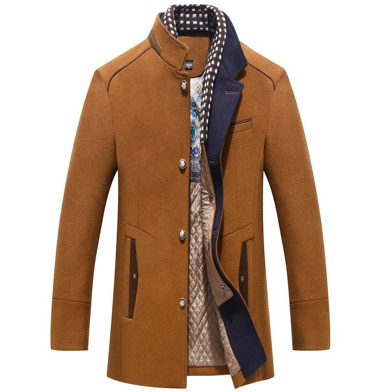 Brown wool coat with button front, plaid scarf-style collar, navy pocket detail