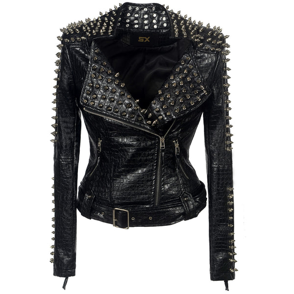 Plus Size Rivet Short Stitching Motorcycle Leather Coat - WOMONA.COM