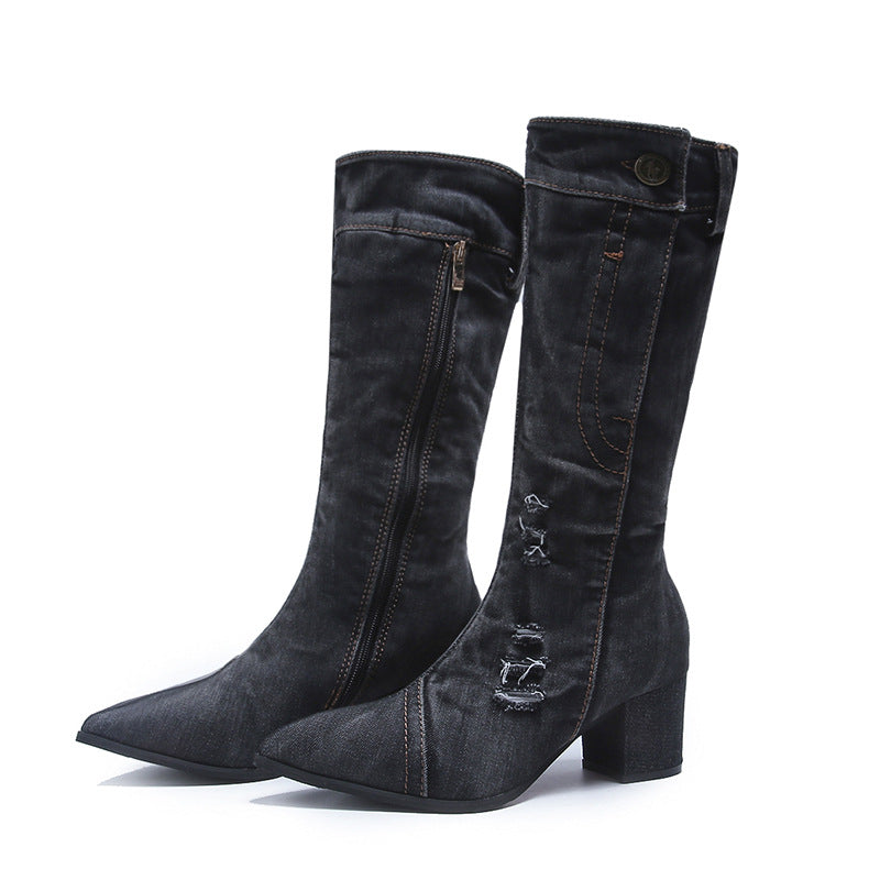 Pointed Toe Thick Heel Denim High Boots For Women - WOMONA.COM