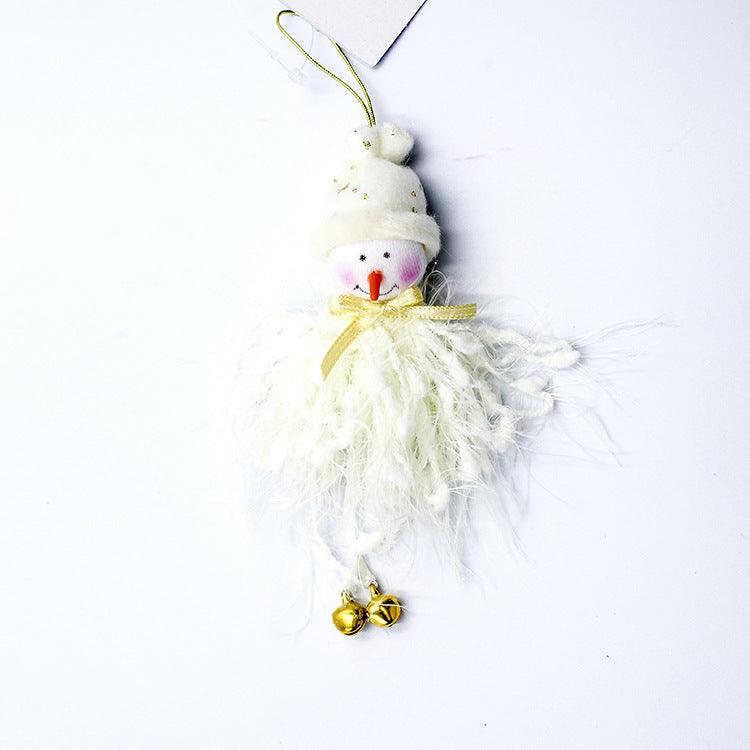 White plush angel pendant with gold bell charm and soft feathered gown