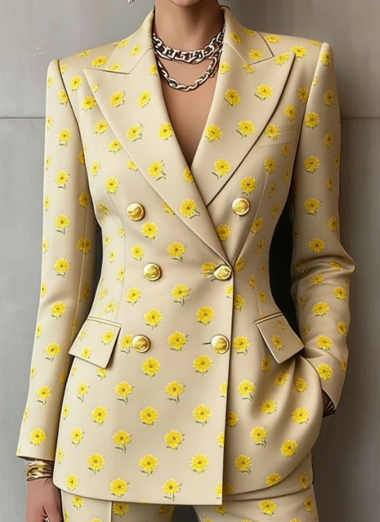 Women’s double-breasted suit blazer with yellow daisy print and gold button details
