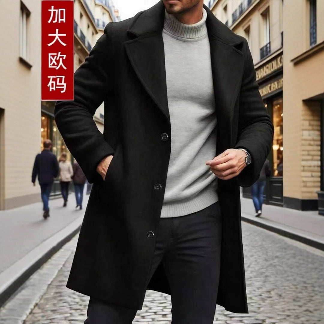 Men's black overcoat with notched lapel, button front, and side pockets