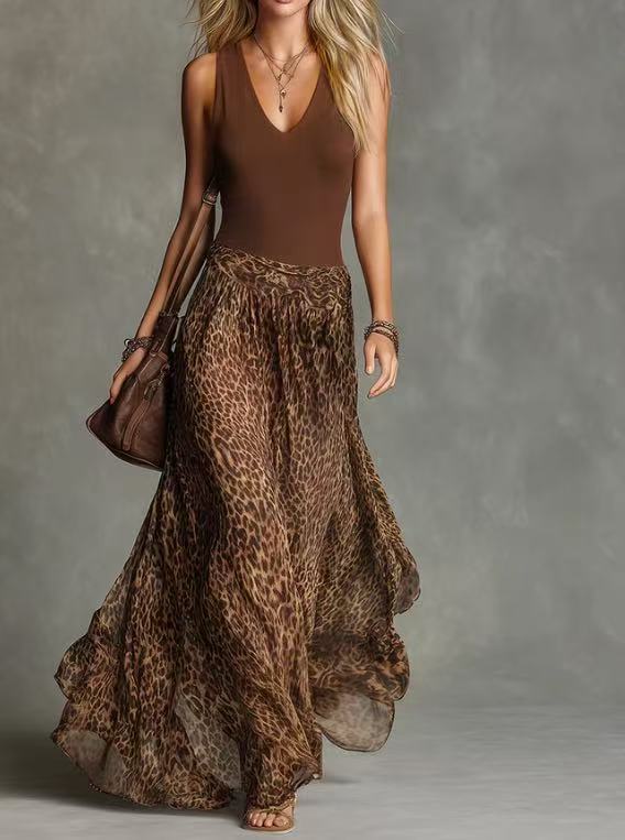 Brown leopard-print maxi dress with sleeveless V-neck bodice and full tiered skirt