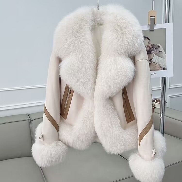 Women’s cotton coat with white faux fur collar, cuffs, and front panels, tan accents