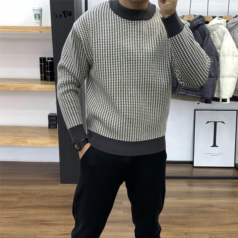 Round Neck Base Slim Fit Pullover Thick Plaid Sweater - WOMONA.COM