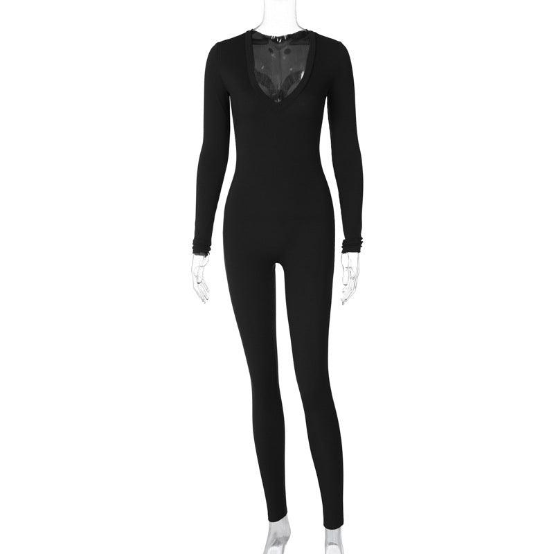 Black slim-fit long-sleeve jumpsuit with V-neck and fitted full-length legs