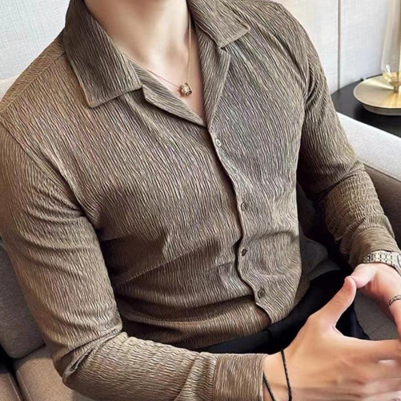 Men’s Cuban collar pleated shirt, dark brown textured fabric with button placket