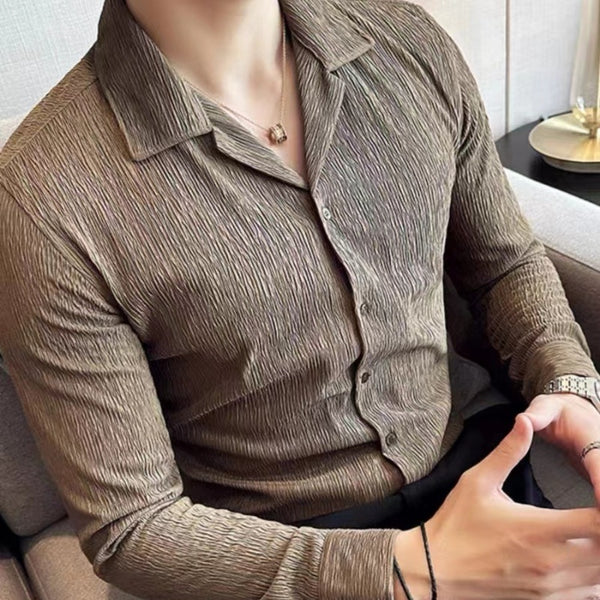 Camisa plisada de cuello cubano de alta calidad para hombre de manga larga