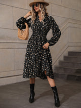 Sweet Elegant Small V-neck Long Sleeve Polka-dot Long Dress - WOMONA.COM