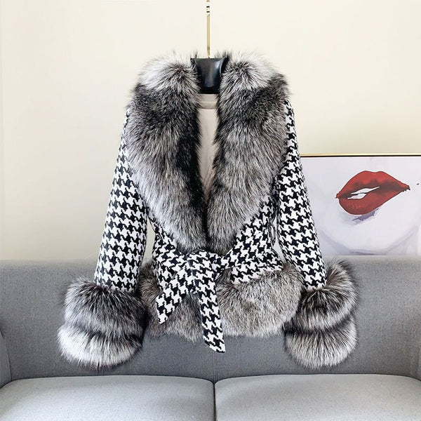 Women's Short Houndstooth Fur Collar Silver Fox Fur Jacket - WOMONA.COM