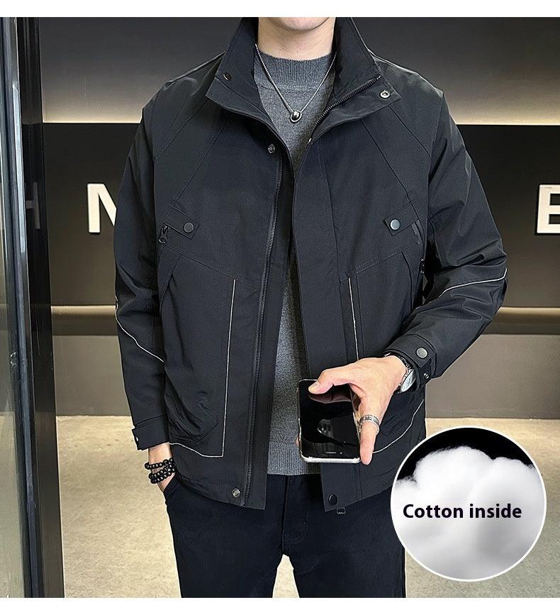 Black cargo cotton coat jacket with stand collar, button front, and vertical flap pockets.