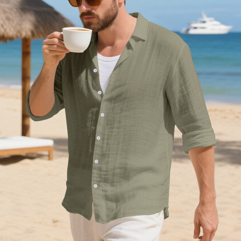 Men's army green linen long-sleeve button-up shirt with open collar and buttons