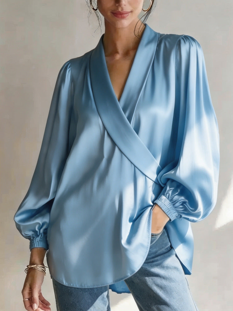 Women's casual sky-blue v-neck long-sleeve wrap top with gathered cuffs and tie-front knot