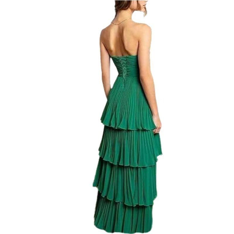 Green strapless tiered long dress with smocked bodice and pleated ruffle skirt, back