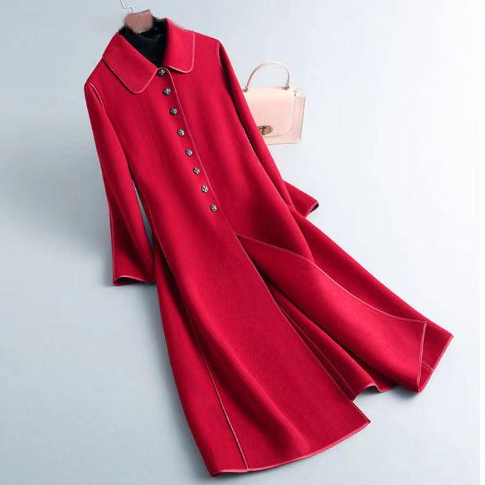 Red long below-knee coat with pointed collar and button-front placket