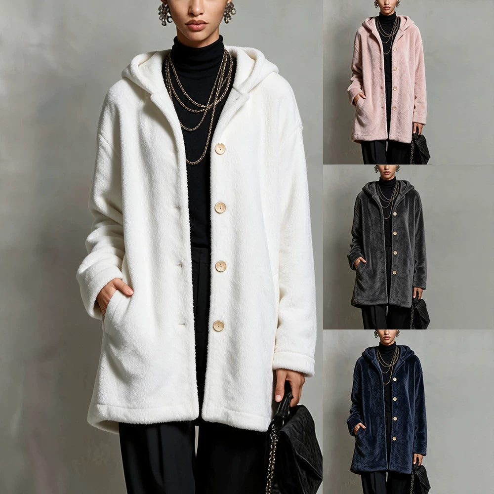 Women's hooded double-faced fleece long coat