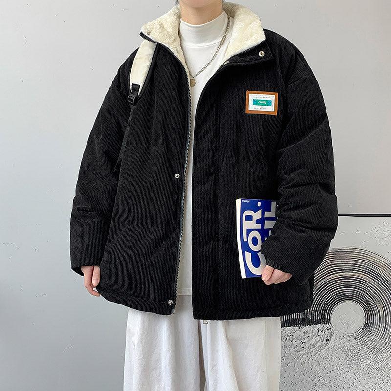 Black corduroy cotton coat with sherpa-style collar and button front