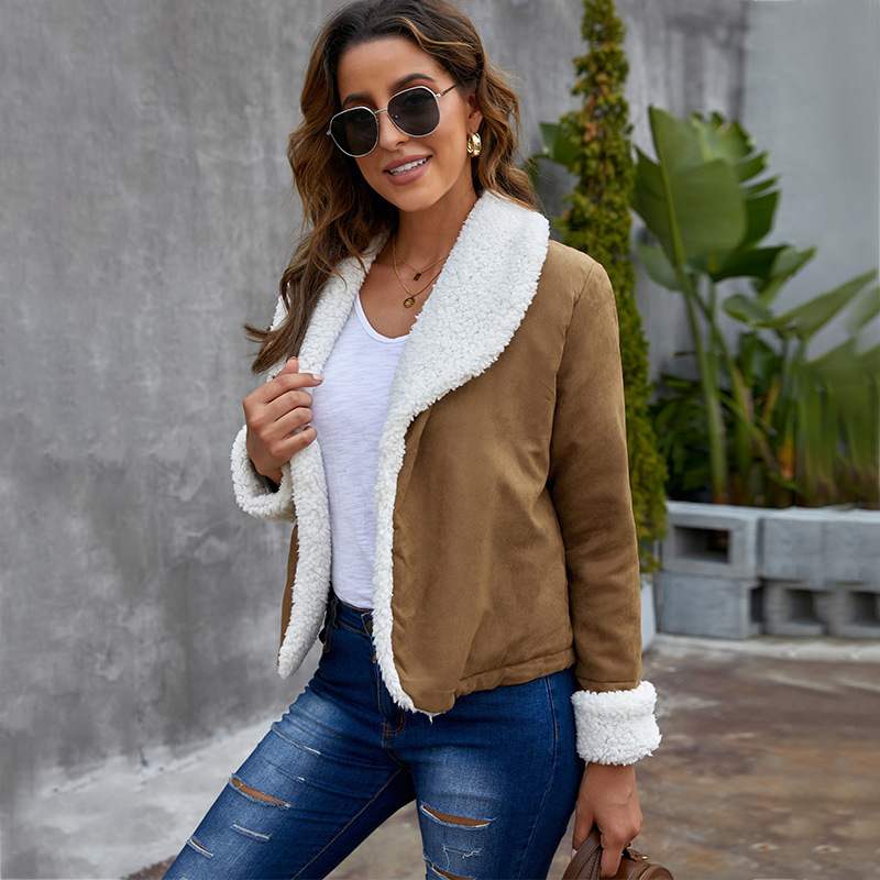 Women's Plush-Trim Faux Suede Jacket, Brown - product view 1