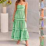 Summer Striped Printed Suspender Long Dress - WOMONA.COM