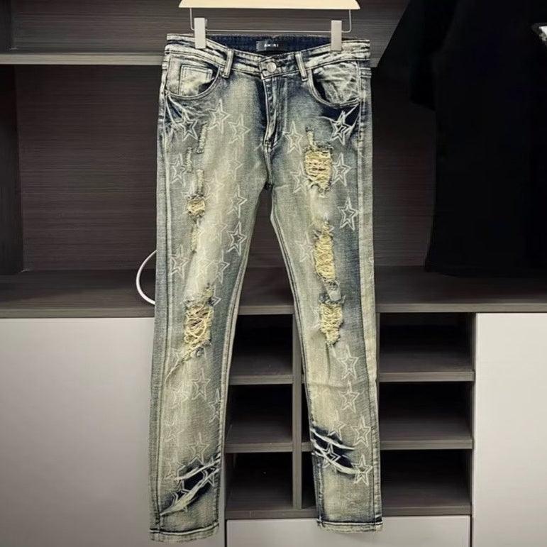 Men's Punk Ripped Slim Printed Jeans