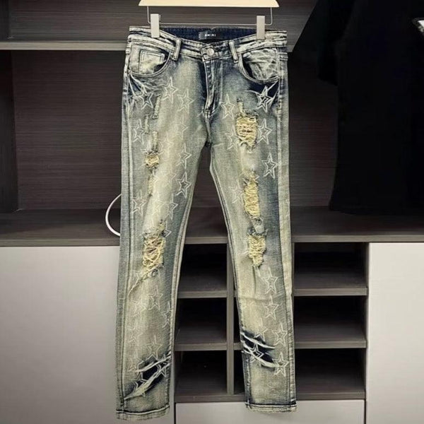 Punk Retro Blau Zerrissen Schlank Elastische Druck Drucken Und Färben Füße Herren Jeans