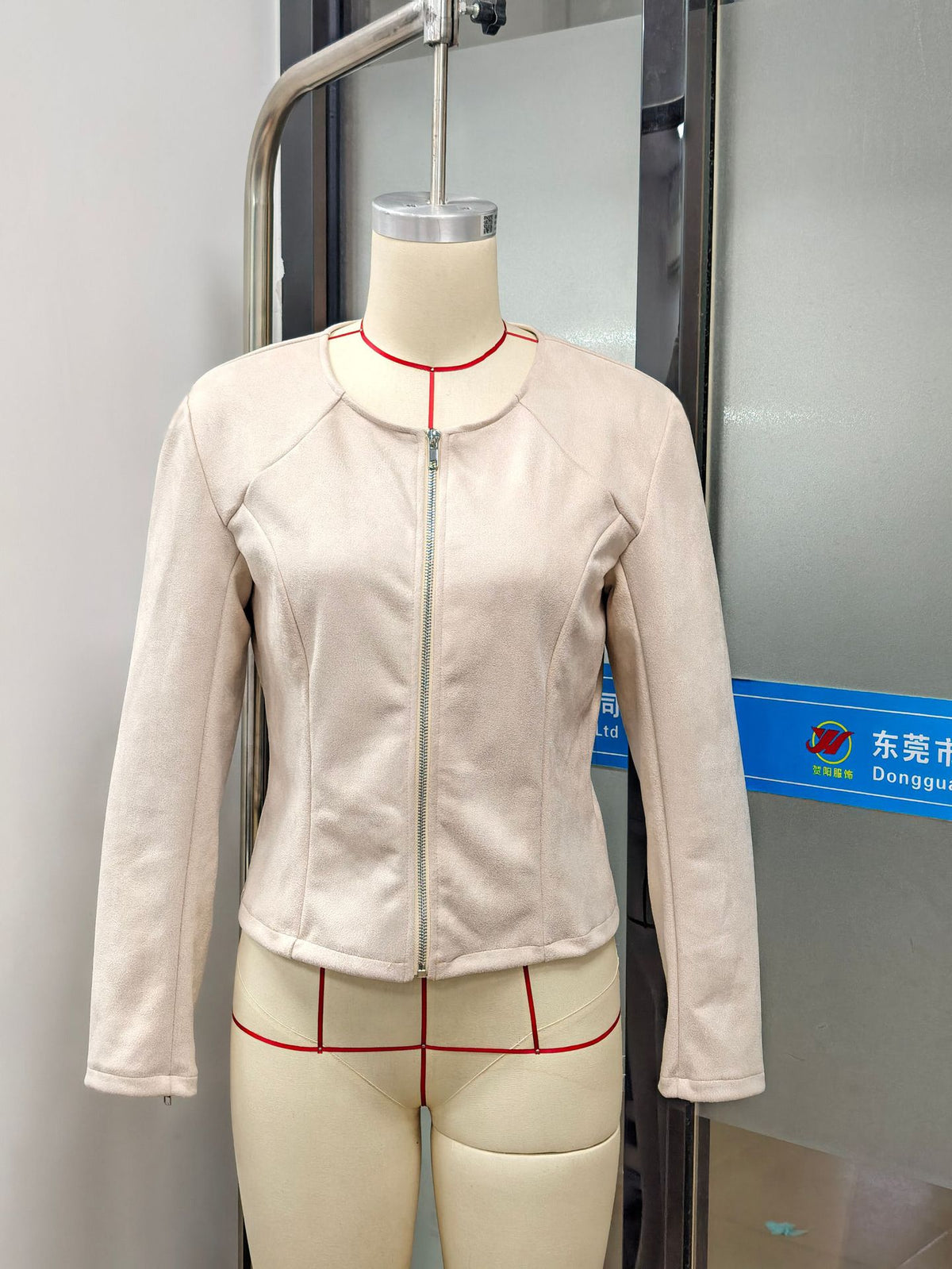 Women’s stand-collar long-sleeve coat, cream, zip front with red trim at seams