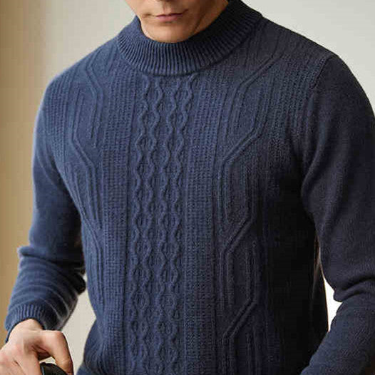 Men's Pure Wool Cable-Texture Turtleneck Sweater, Navy Blue - product view 1