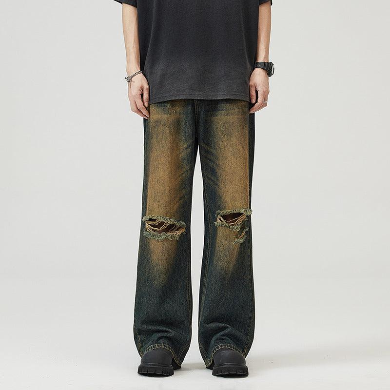 Men's Retro Distressed Rust Blue Ripped Jeans - WOMONA.COM