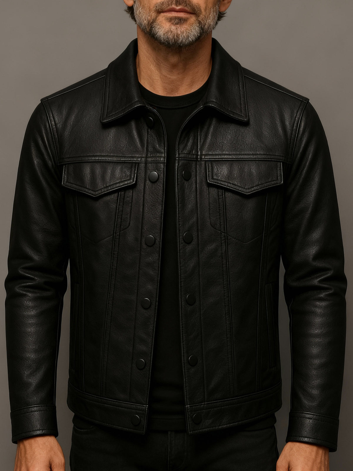 Men's black slim-fit pilot jacket, lapel collar, button front, chest flap pockets