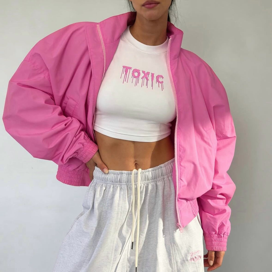 Dark pink cropped stand-collar jacket with zip front, elastic cuffs, loose fit