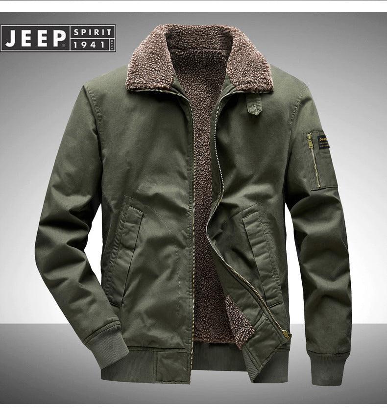 Olive green cotton jacket with dark fleece sherpa lining, stand collar, zip front, side pockets