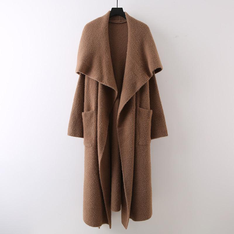 Camel-beige knit cardigan coat with shawl collar, open front, long draped design