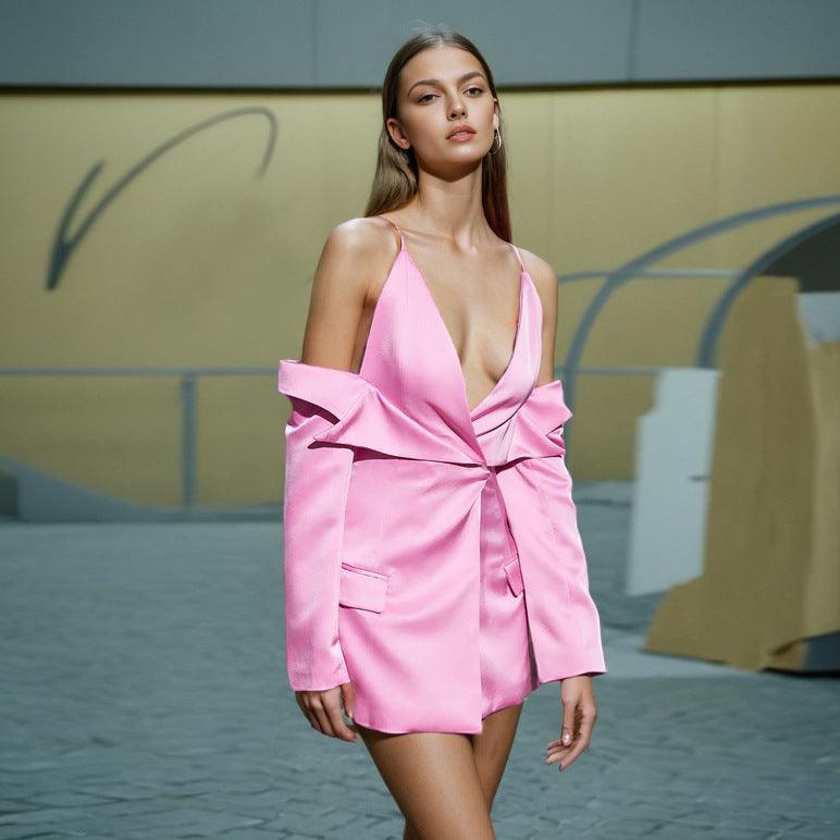 Pink off-the-shoulder belted mini dress with draped crossover front