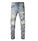 Punk Retro Blue Ripped Slim Elastic Printing Printing And Dyeing Feet Men's Jeans