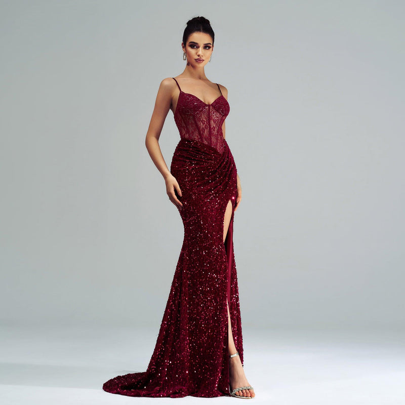 Sequined High Slit Evening Dress