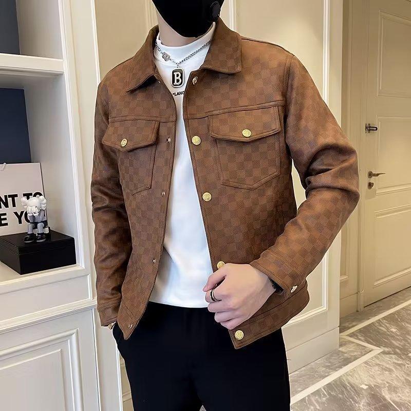 Brown check-pattern men’s collar jacket with snap buttons and two chest flap pockets