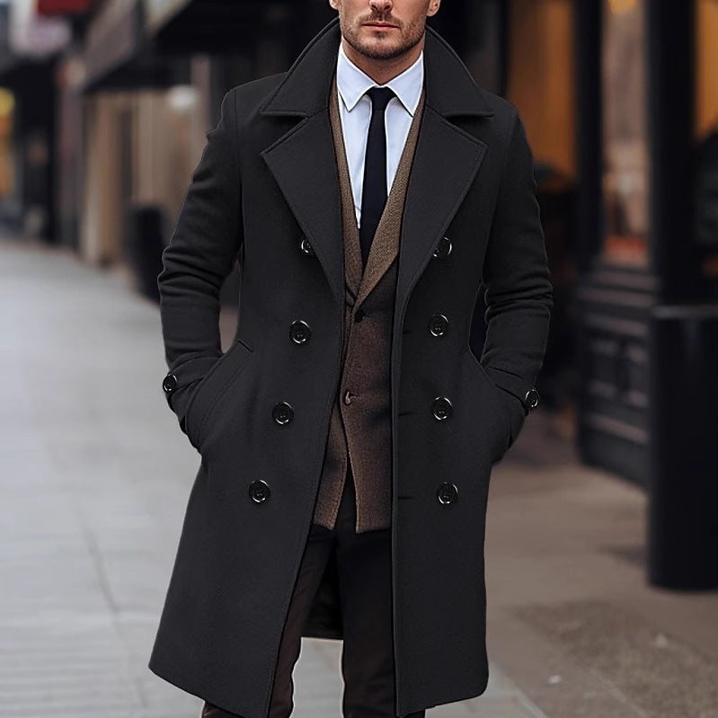 Men's double-breasted wool coat, black, mid-length, notch lapel, long sleeves.
