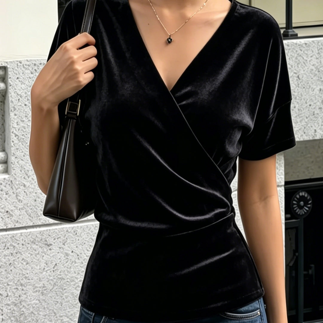 Women's black cross V-neck short-sleeve top