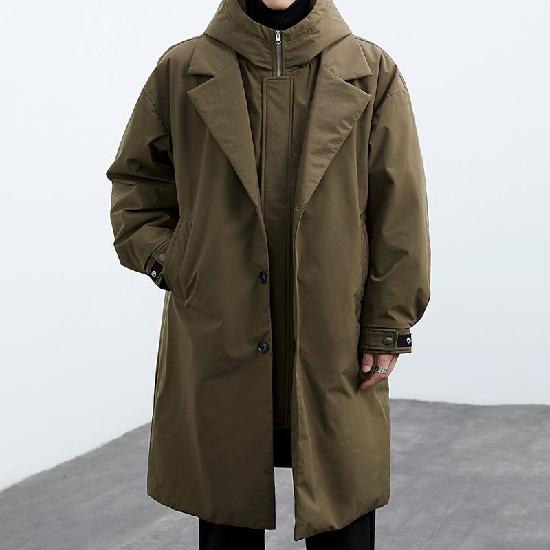 Men's mid-length hooded trench coat, army green, button front, flap pockets