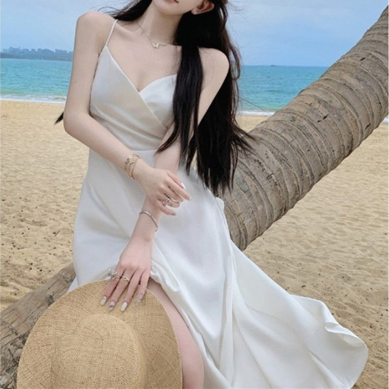 White Halter Dress With V-neck And Halter Back - WOMONA.COM