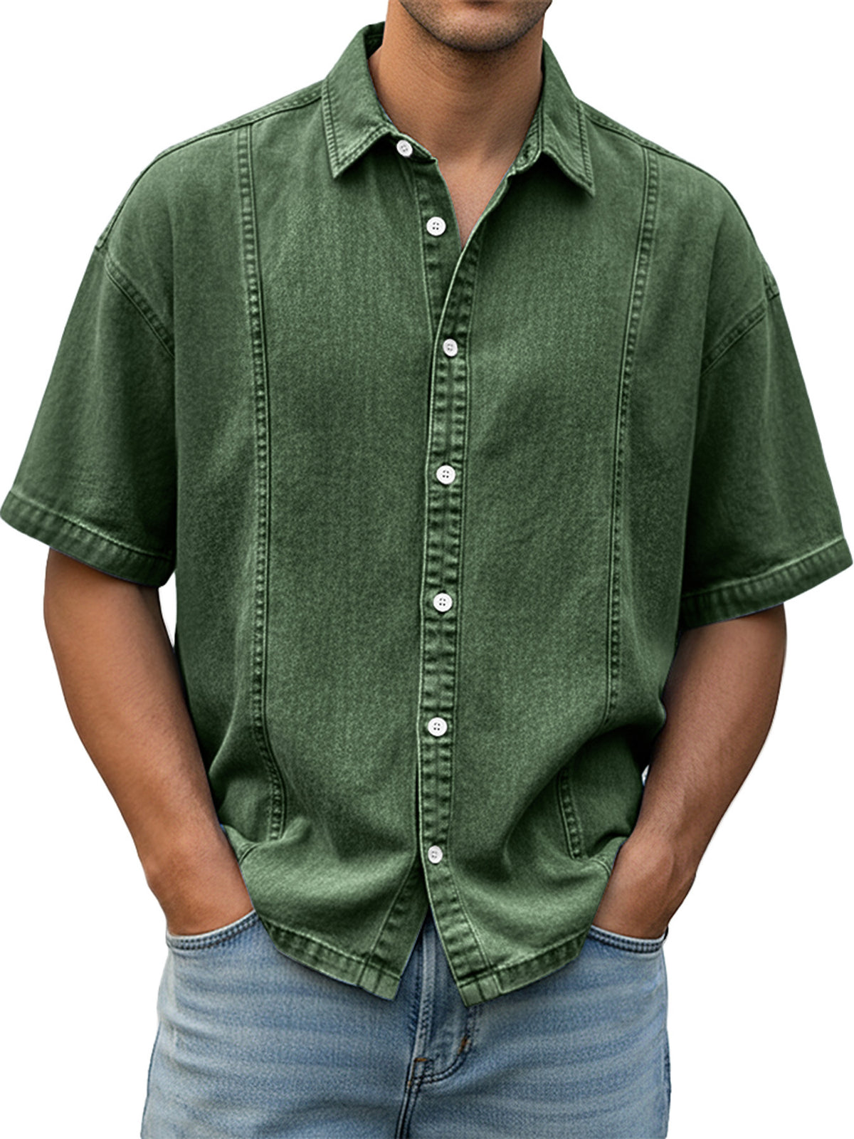 Men's short-sleeve button-up denim shirt in green, point collar and button placket