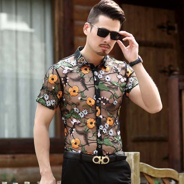 Men's Short-sleeved Floral Thin Hollow Non-iron Ice Silk Shirt - WOMONA.COM