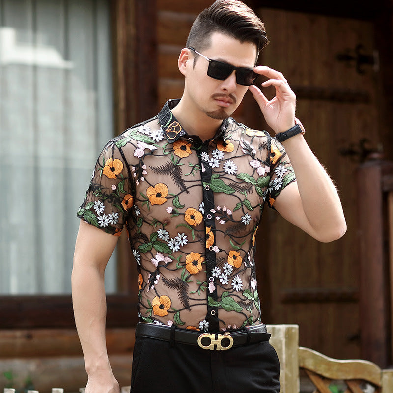 Men's Short-sleeved Floral Thin Hollow Non-iron Ice Silk Shirt - WOMONA.COM