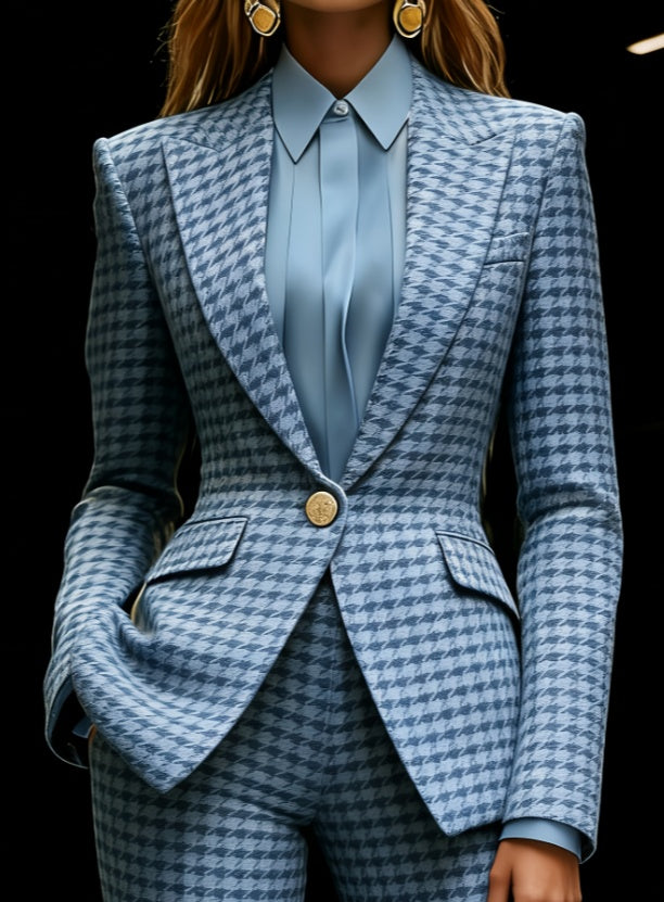 Women’s slim-fit suit jacket in blue houndstooth with notched lapel and gold button